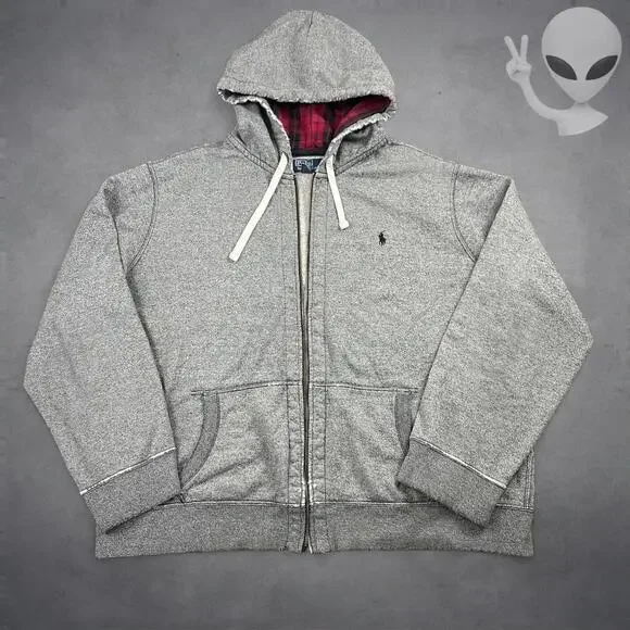 Polo Ralph Lauren Hoodie Size 2XL Grey Full Zip Plaid Lined Hood Jacket vintage - Picture 2 of 6